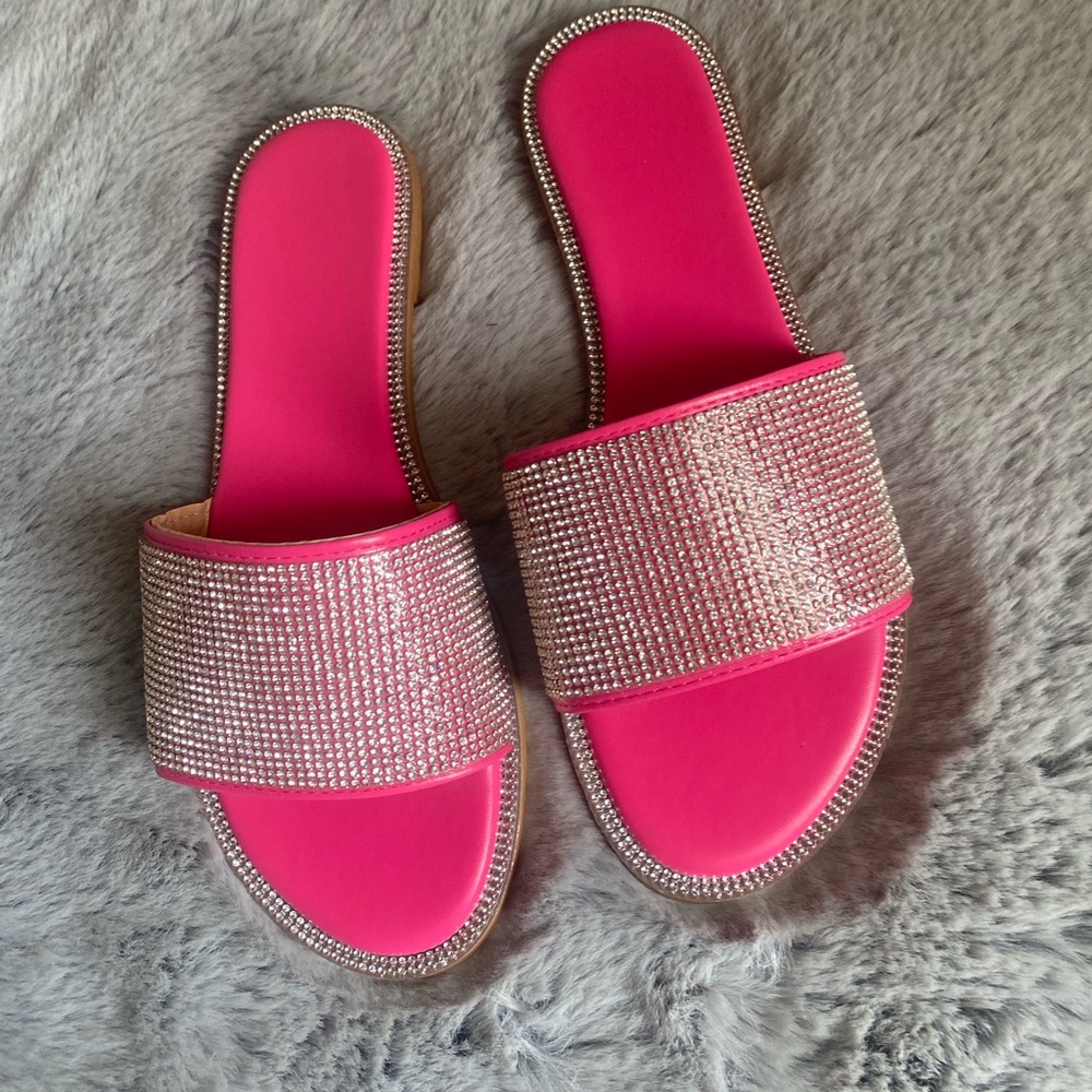 Sparkly PINK / Rose red rhinestone slide sandals